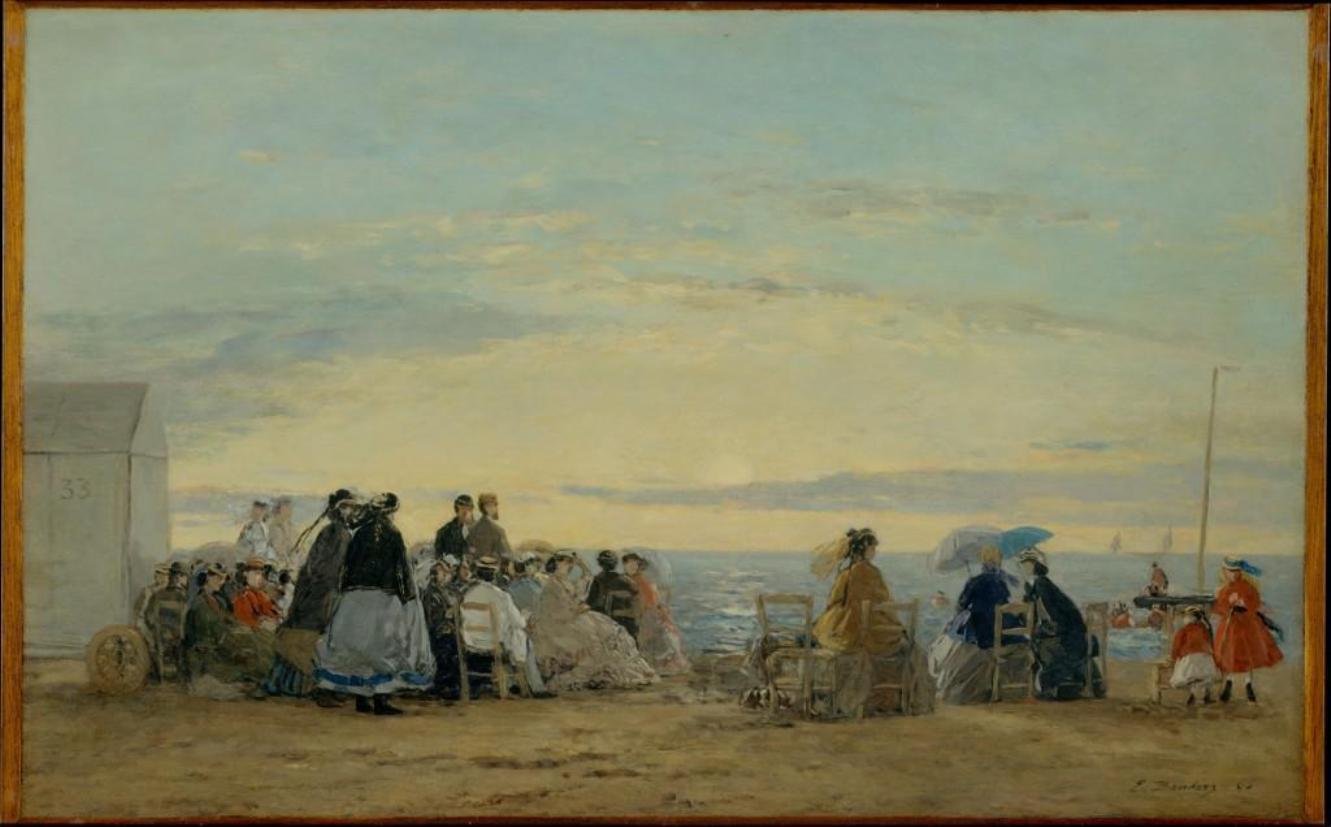 Eugene boudin sur la plage coucher de soleil 1865