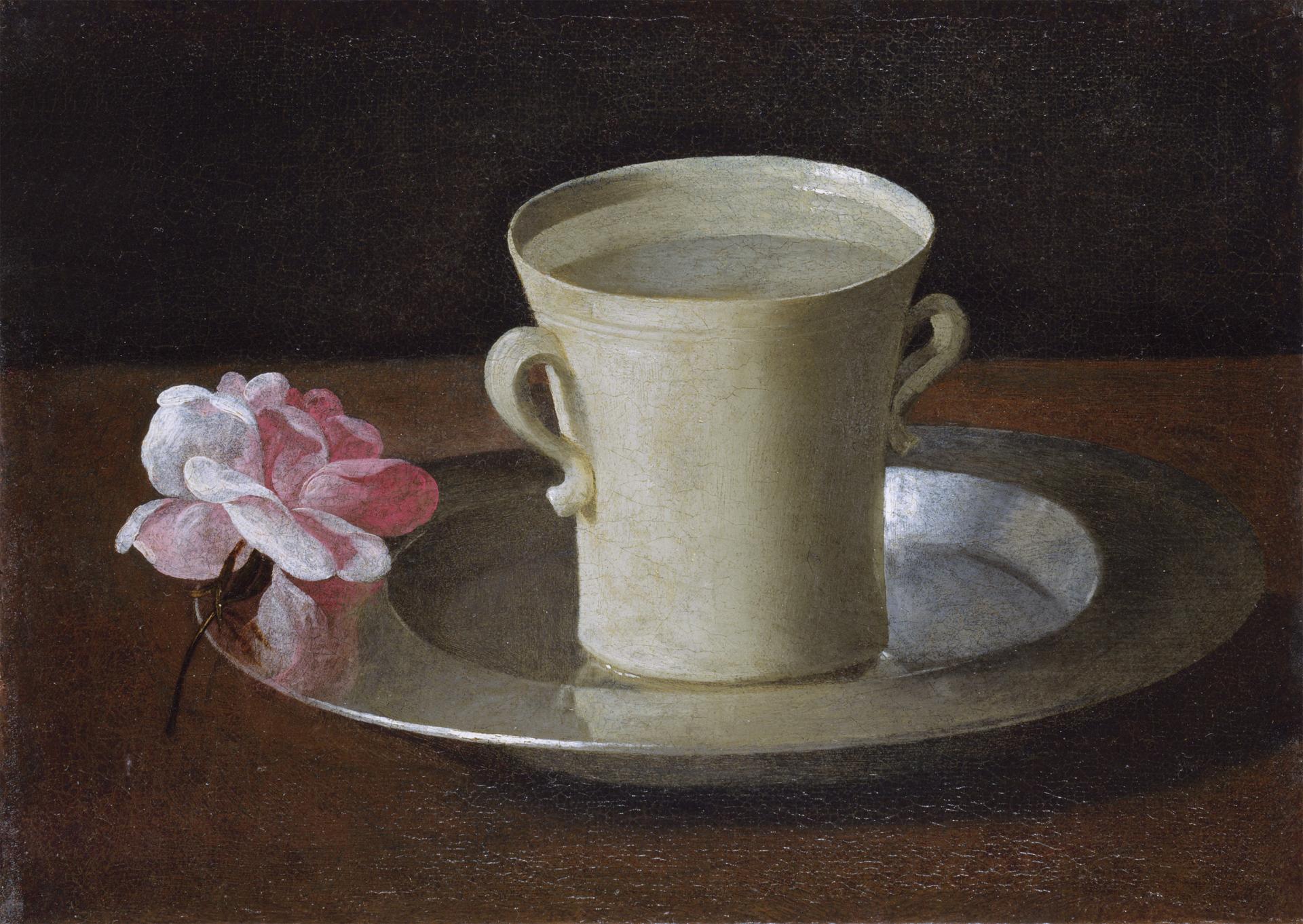 Francisco de zurbaran cup of water and a rose on a silver plate wga26060