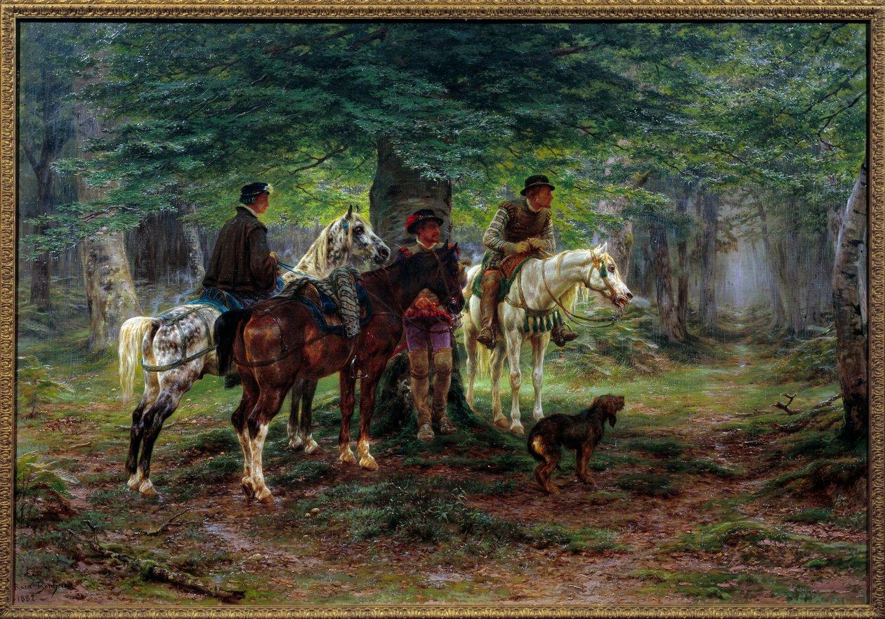 Rosa bonheur horsemen surprised by a rain 17th century in a forest men on horseback shelter meisterdrucke 999296